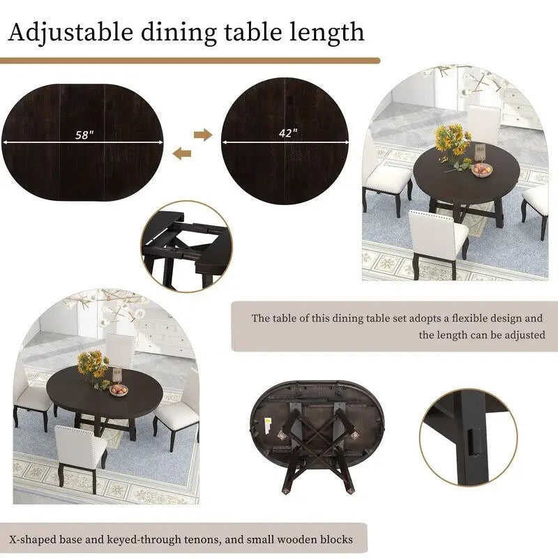 Table à manger ronde, Table ronde escamotable de style ferme, Table de cuisine en bois avec 16 rallonges