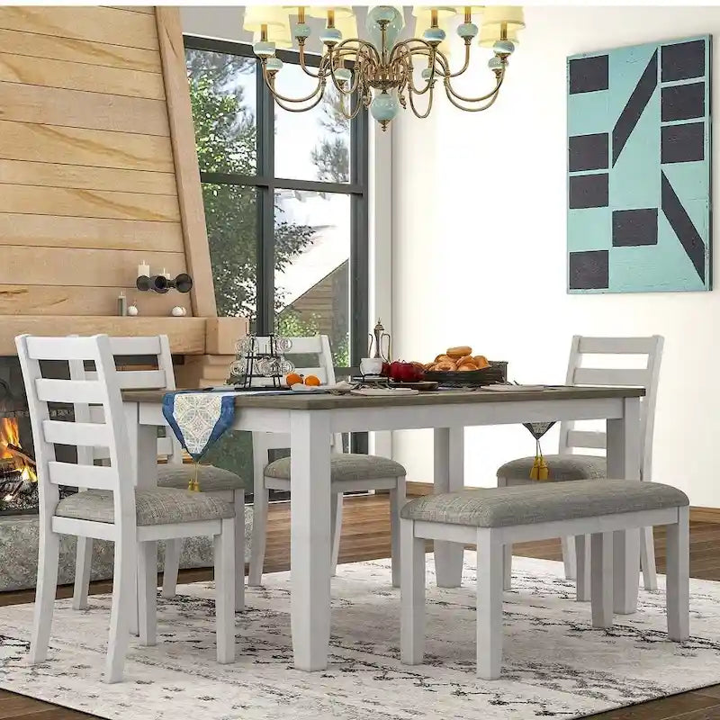 Table de salle à manger rectangulaire 60" style campagnard avec 4 chaises rembourrées et un banc