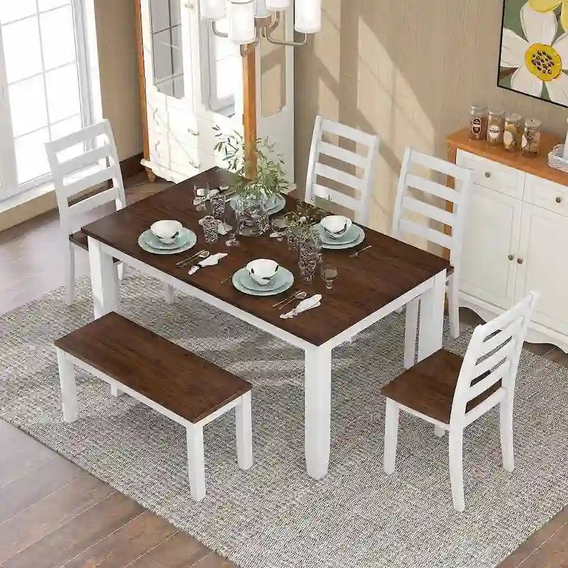 Table de salle à manger rectangulaire 60" style campagnard avec 4 chaises rembourrées et un banc