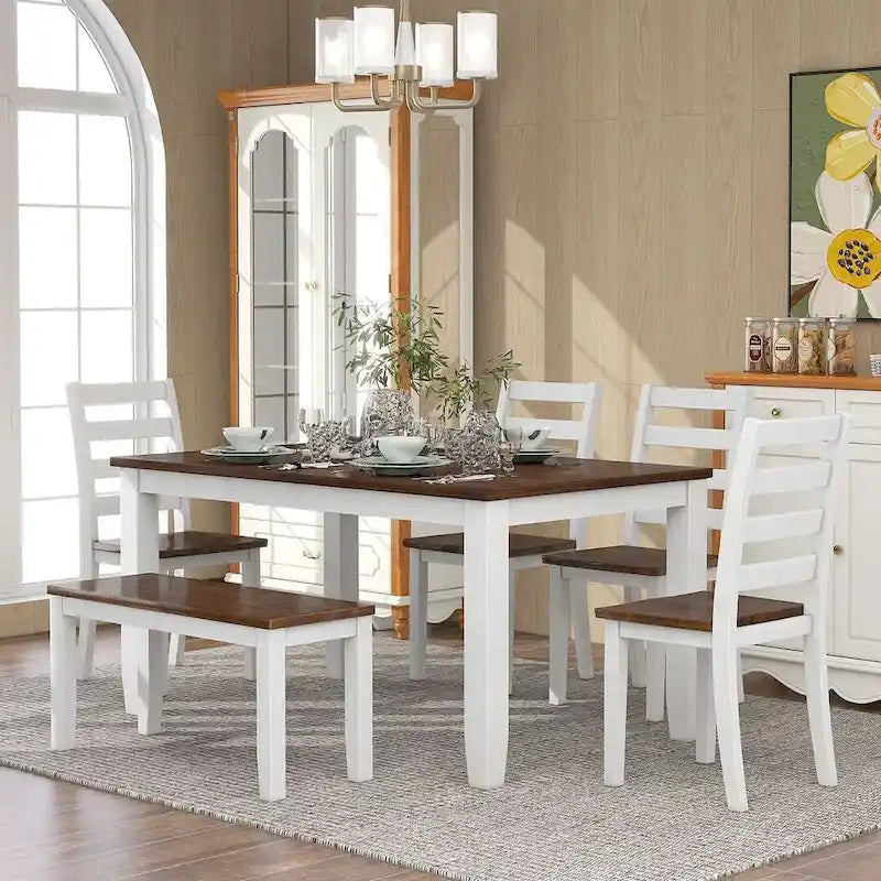 Table de salle à manger rectangulaire 60" style campagnard avec 4 chaises rembourrées et un banc