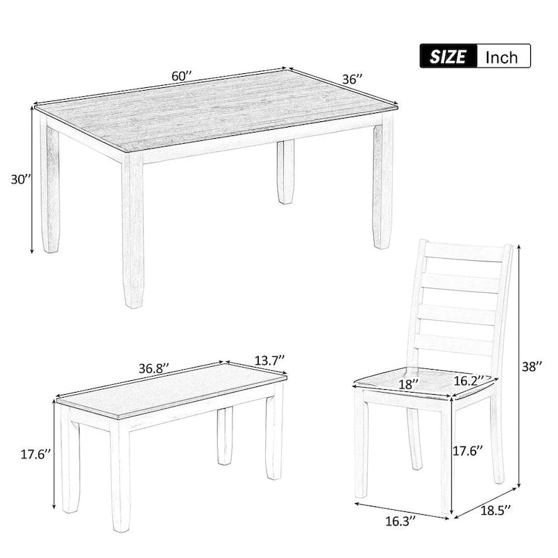 Table de salle à manger rectangulaire 60" style campagnard avec 4 chaises rembourrées et un banc