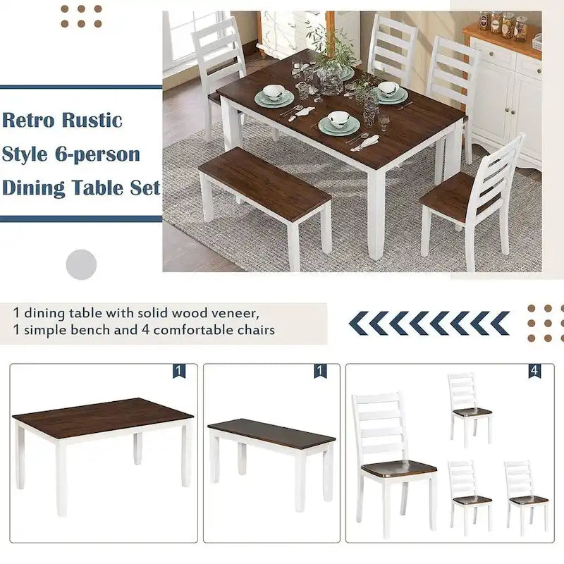 Table de salle à manger rectangulaire 60" style campagnard avec 4 chaises rembourrées et un banc