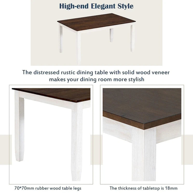 Table de salle à manger rectangulaire 60" style campagnard avec 4 chaises rembourrées et un banc
