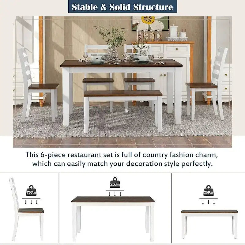 Table de salle à manger rectangulaire 60" style campagnard avec 4 chaises rembourrées et un banc