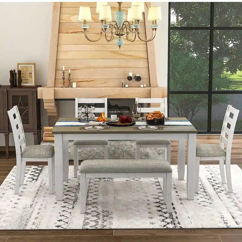 Table de salle à manger rectangulaire 60" style campagnard avec 4 chaises rembourrées et un banc
