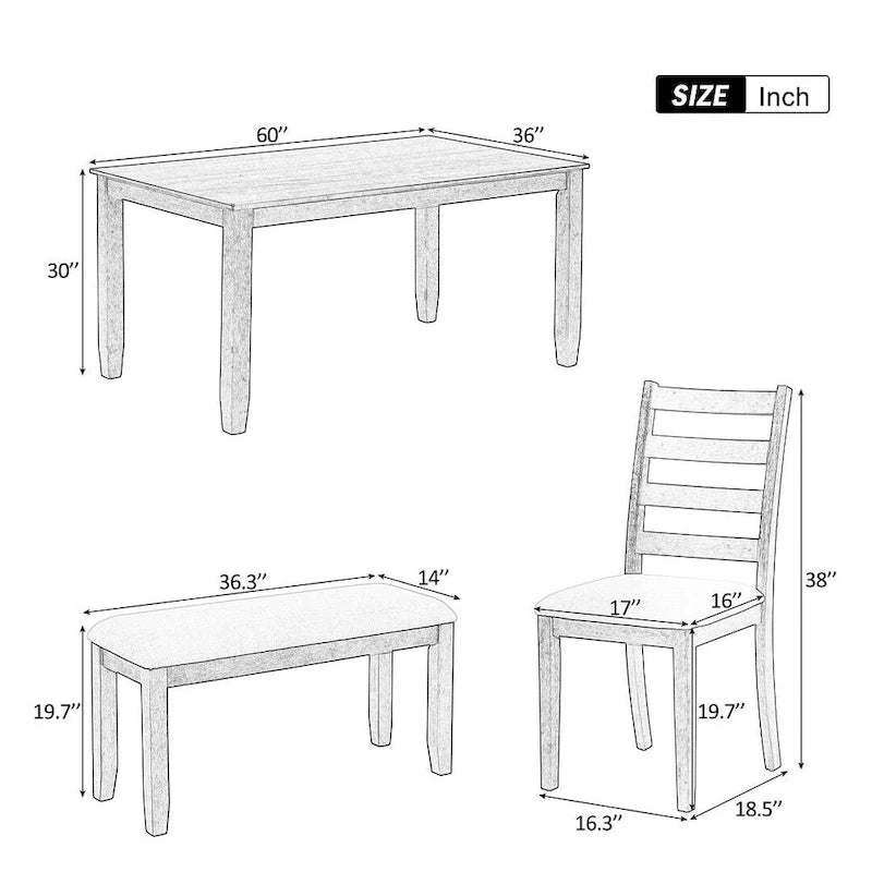 Table de salle à manger rectangulaire 60" style campagnard avec 4 chaises rembourrées et un banc