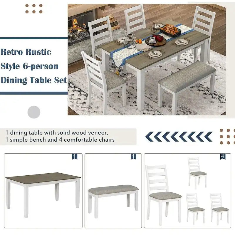Table de salle à manger rectangulaire 60" style campagnard avec 4 chaises rembourrées et un banc