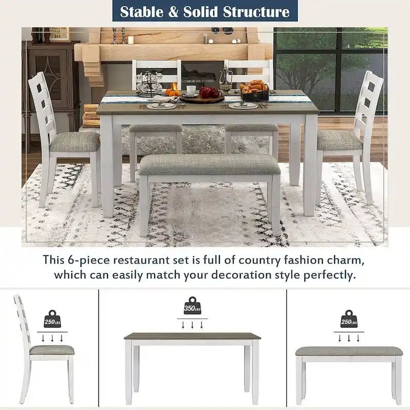 Table de salle à manger rectangulaire 60" style campagnard avec 4 chaises rembourrées et un banc
