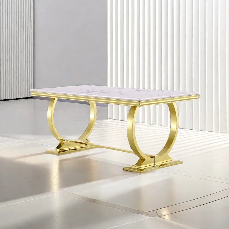 Table à manger dorée brossée avec plateau en verre de 78 pouces et base en forme de tonneau fuselé