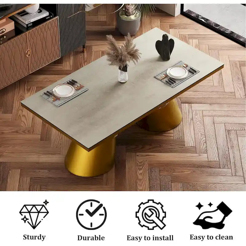 Table à manger dorée brossée avec plateau en verre de 78 pouces et base en forme de tonneau fuselé