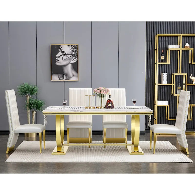 Table à manger dorée brossée avec plateau en verre de 78 pouces et base en forme de tonneau fuselé