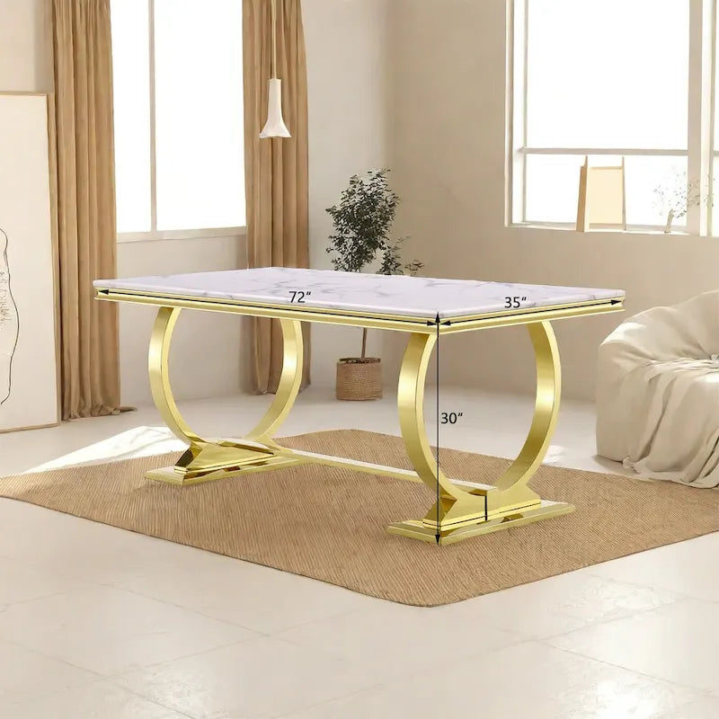 Table à manger dorée brossée avec plateau en verre de 78 pouces et base en forme de tonneau fuselé