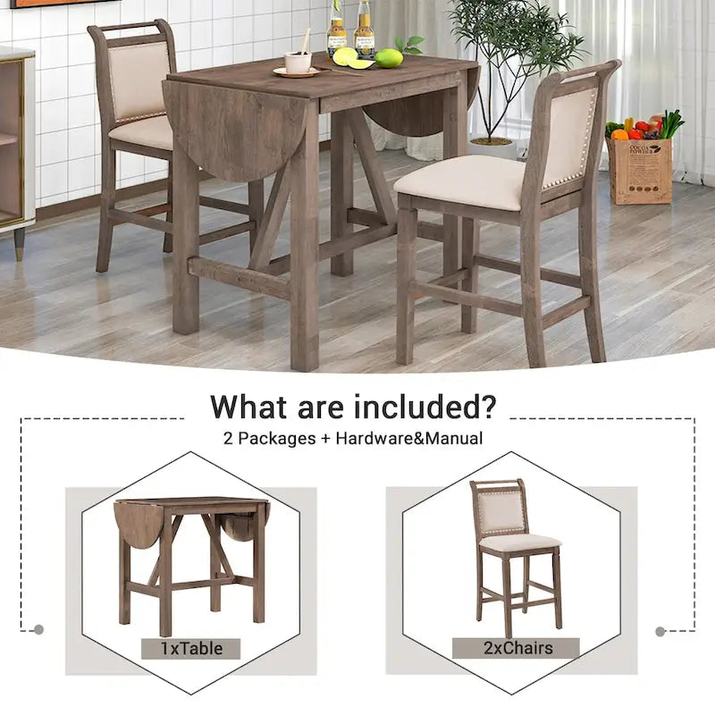 Ensemble de salle à manger 3 pièces en bois à hauteur de comptoir avec rallonge pliable