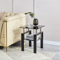 Table basse de canapé en verre trempé noir, table d'appoint à 2 niveaux avec rangement