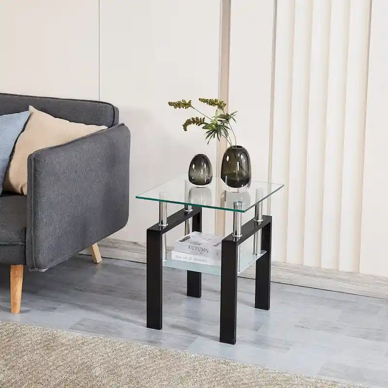 Table basse de canapé en verre trempé noir, table d'appoint à 2 niveaux avec rangement
