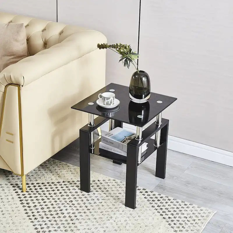Table basse de canapé en verre trempé noir, table d'appoint à 2 niveaux avec rangement