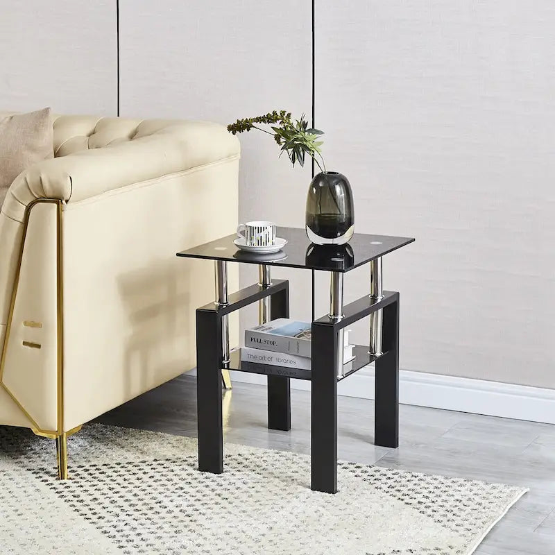 Table basse de canapé en verre trempé noir, table d'appoint à 2 niveaux avec rangement