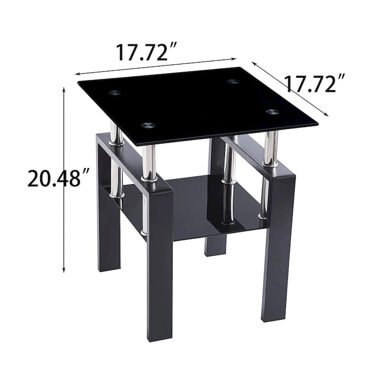 Table basse de canapé en verre trempé noir, table d'appoint à 2 niveaux avec rangement
