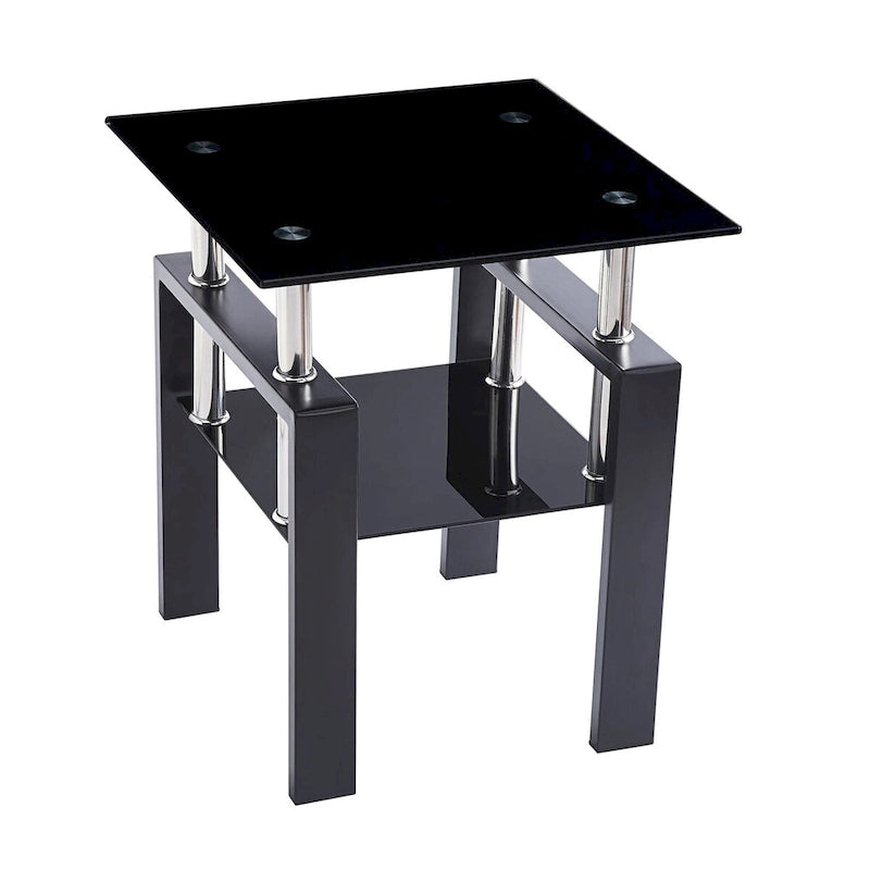 Table basse de canapé en verre trempé noir, table d'appoint à 2 niveaux avec rangement