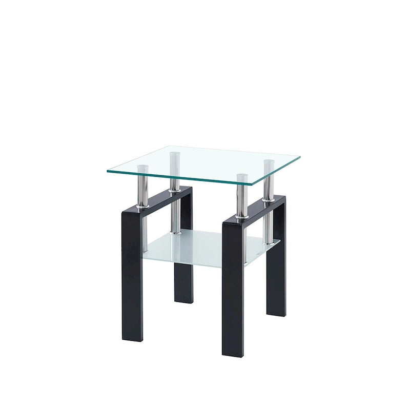 Table basse de canapé en verre trempé noir, table d'appoint à 2 niveaux avec rangement