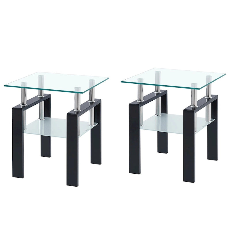 Table basse de canapé en verre trempé noir, table d'appoint à 2 niveaux avec rangement