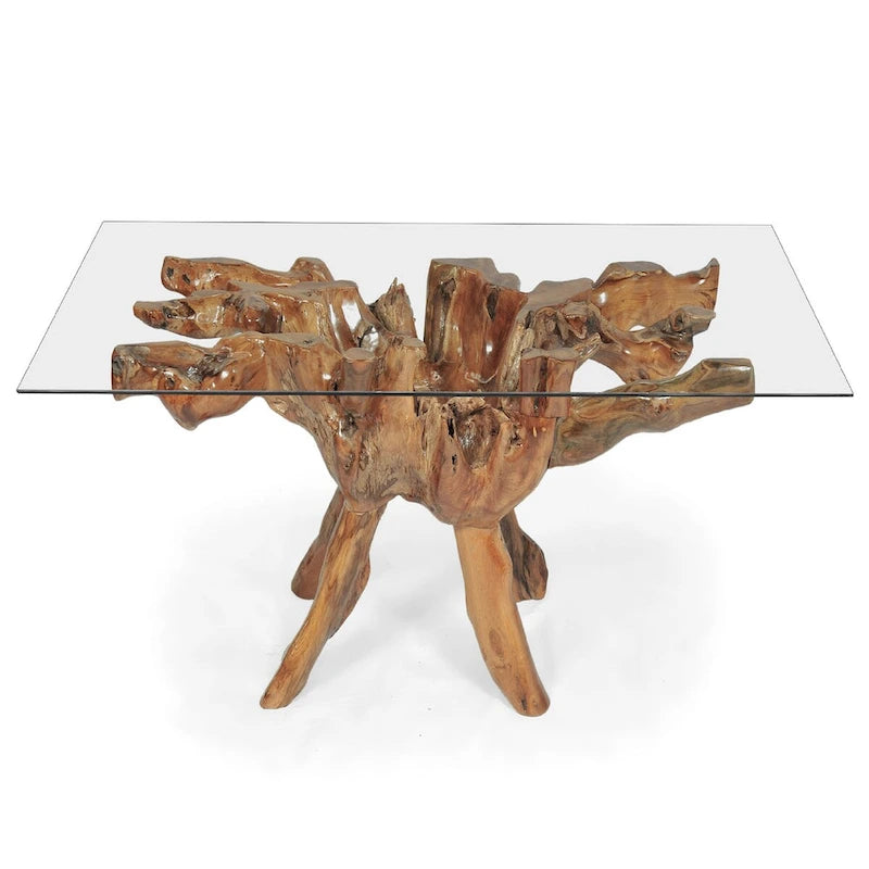 Table à manger en racine de teck avec plateau en verre carré de 140 cm