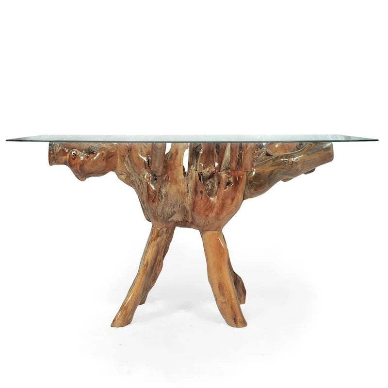 Table à manger en racine de teck avec plateau en verre carré de 140 cm
