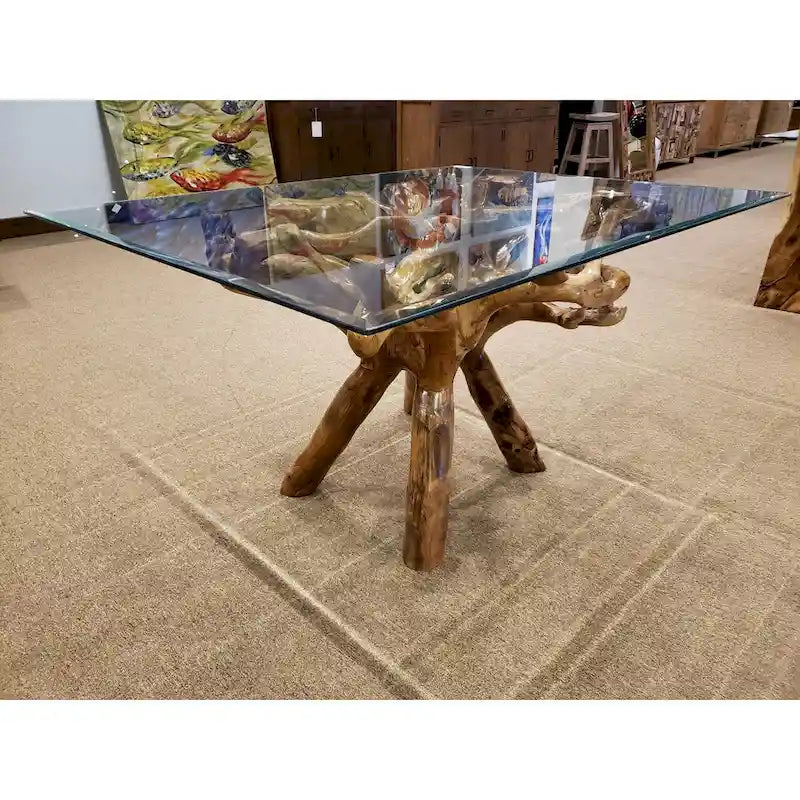 Table à manger en racine de teck avec plateau en verre carré de 140 cm