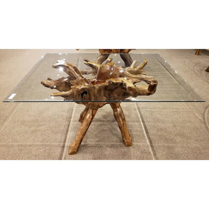 Table à manger en racine de teck avec plateau en verre carré de 140 cm