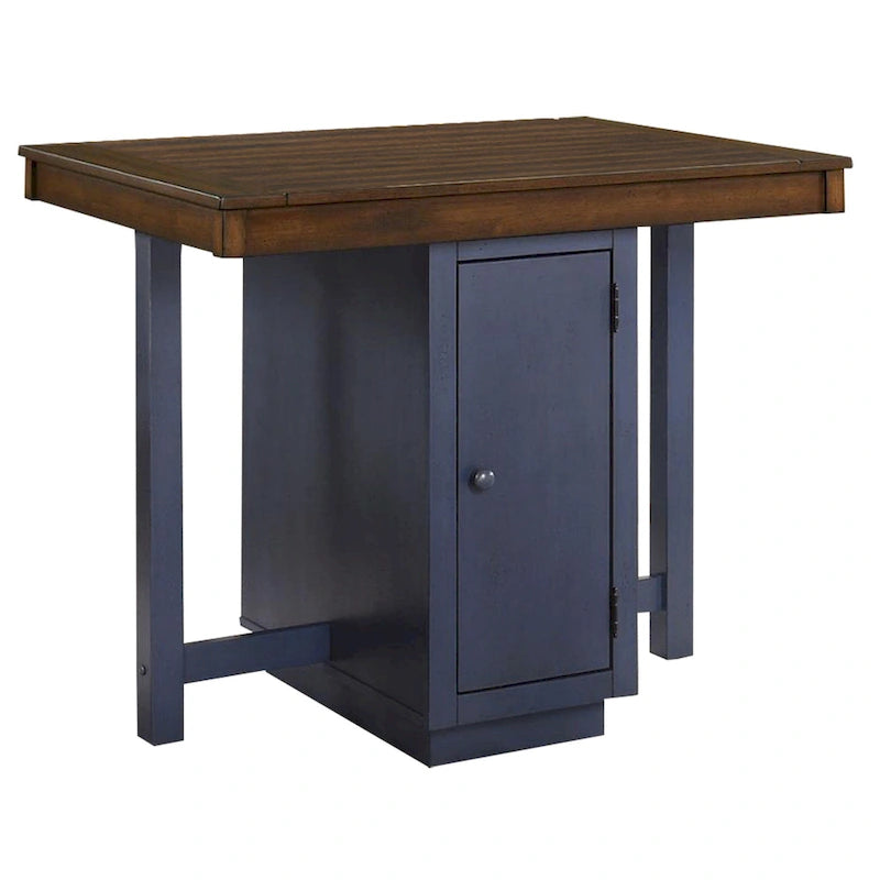 Ensemble table à manger hauteur comptoir 5 pièces, 4 tabourets, chêne antique, bois bleu
