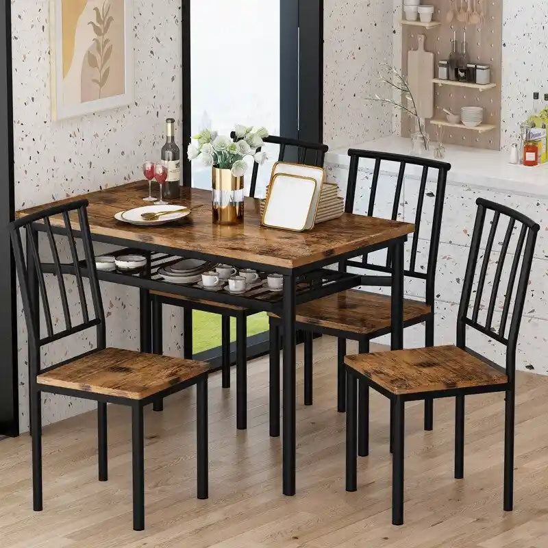 Ensemble de salle à manger industriel moderne pour 4 personnes, table et chaises de cuisine en bois 5 pièces, ensemble de table de salle à manger avec étagère de rangement