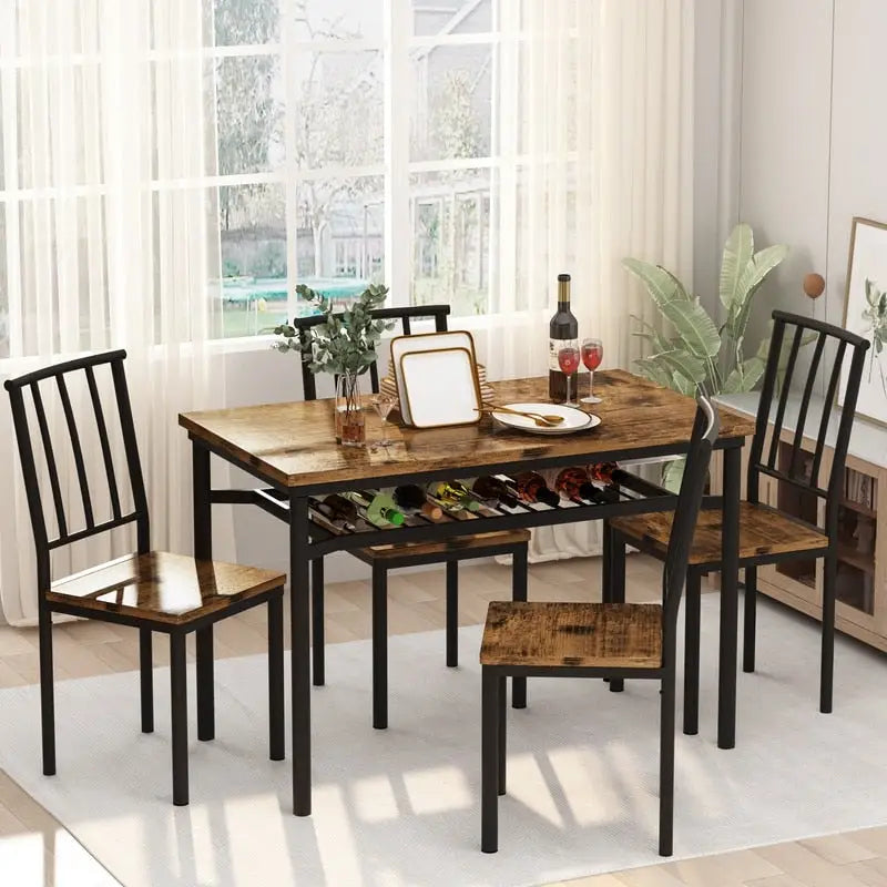 Ensemble de salle à manger industriel moderne pour 4 personnes, table et chaises de cuisine en bois 5 pièces, ensemble de table de salle à manger avec étagère de rangement