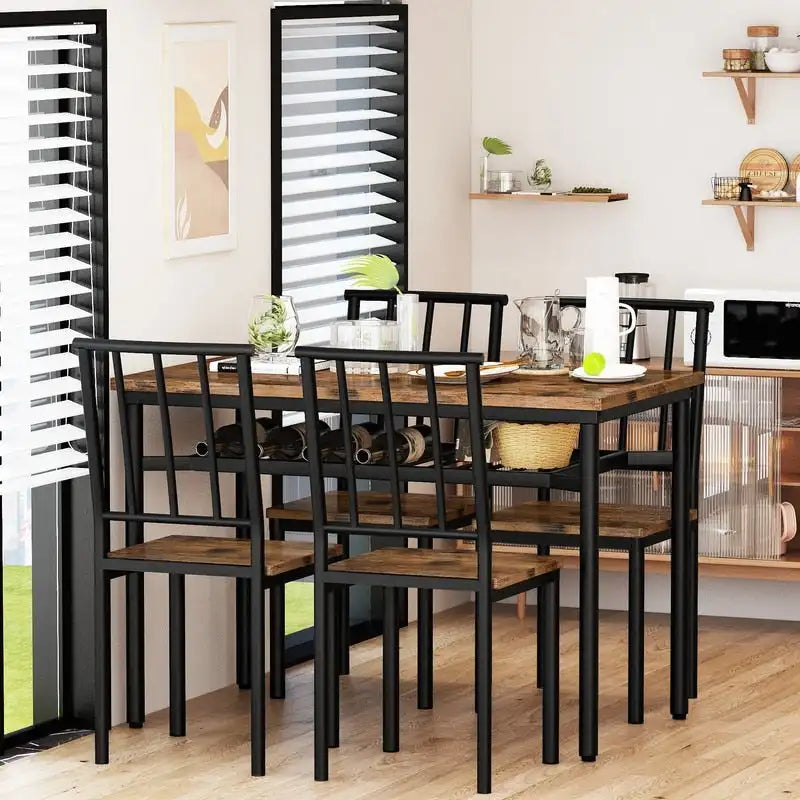 Ensemble de salle à manger industriel moderne pour 4 personnes, table et chaises de cuisine en bois 5 pièces, ensemble de table de salle à manger avec étagère de rangement