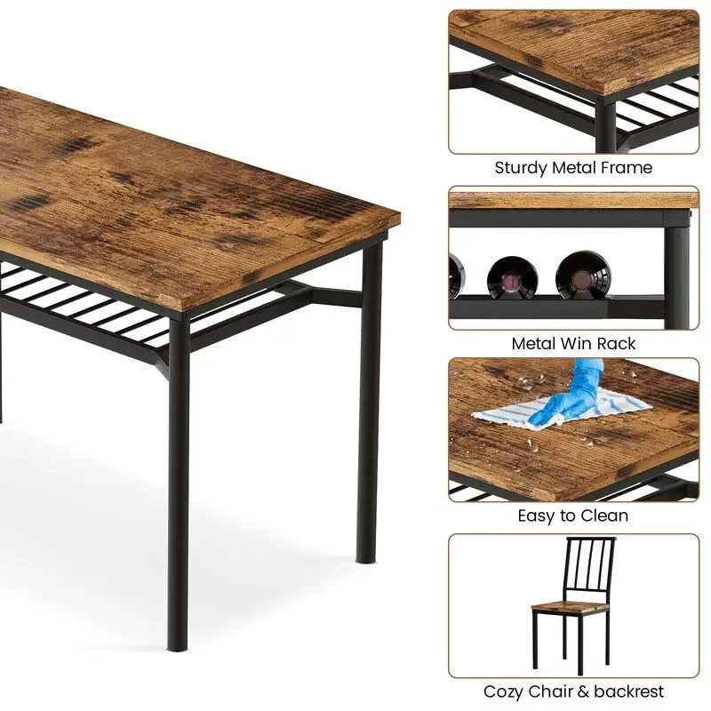 Ensemble de salle à manger industriel moderne pour 4 personnes, table et chaises de cuisine en bois 5 pièces, ensemble de table de salle à manger avec étagère de rangement