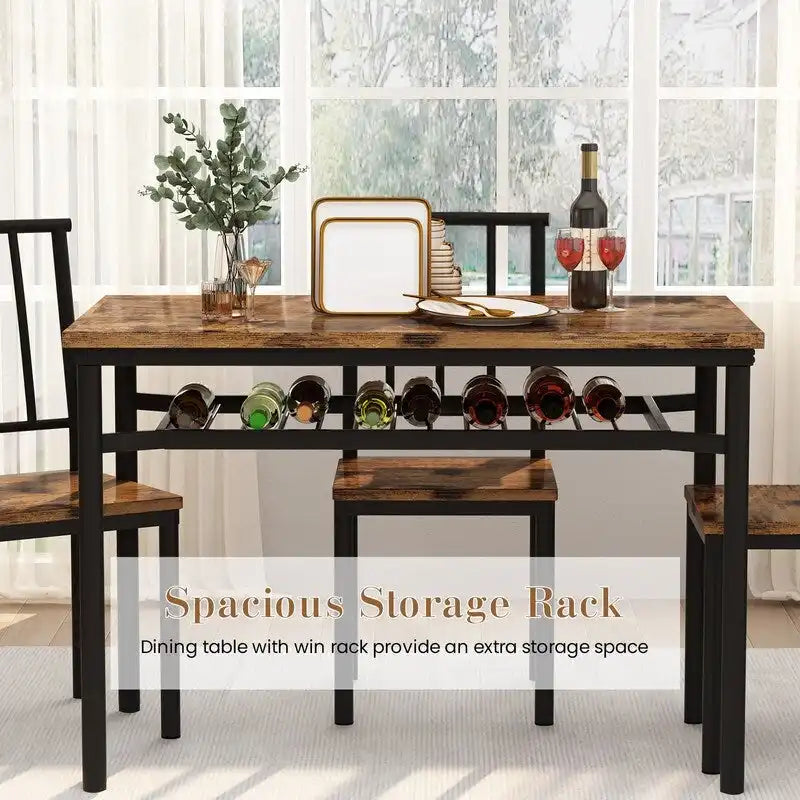 Ensemble de salle à manger industriel moderne pour 4 personnes, table et chaises de cuisine en bois 5 pièces, ensemble de table de salle à manger avec étagère de rangement