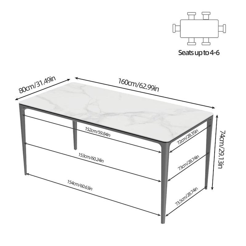 Table de salle à manger rectangulaire unique de 63 avec plateau en verre trempé en pierre frittée