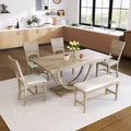 Ensemble de table à manger demi-ronde en bois de 6 pièces avec longue banquette et 4 chaises de salle à manger, style moderne, gris
