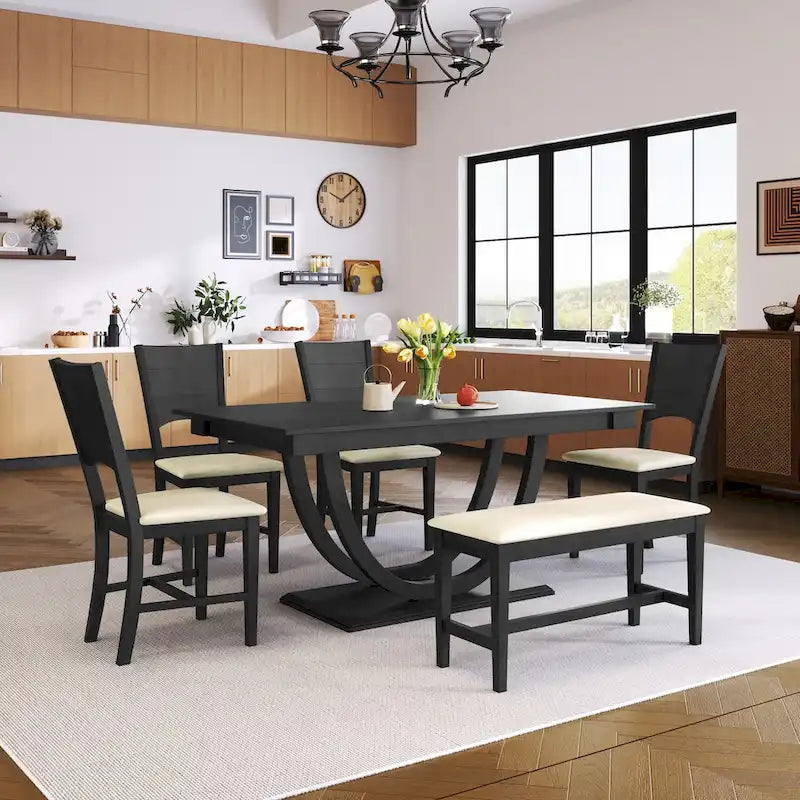 Ensemble de table à manger demi-ronde en bois de 6 pièces avec longue banquette et 4 chaises de salle à manger, style moderne, gris