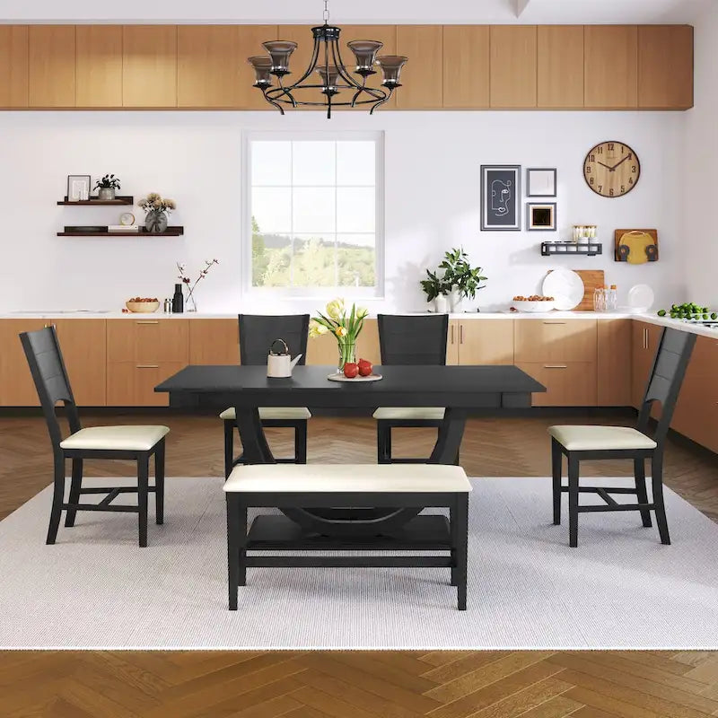 Ensemble de table à manger demi-ronde en bois de 6 pièces avec longue banquette et 4 chaises de salle à manger, style moderne, gris