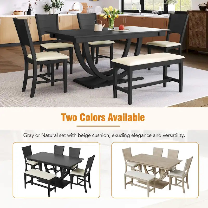 Ensemble de table à manger demi-ronde en bois de 6 pièces avec longue banquette et 4 chaises de salle à manger, style moderne, gris