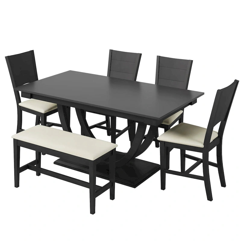 Ensemble de table à manger demi-ronde en bois de 6 pièces avec longue banquette et 4 chaises de salle à manger, style moderne, gris