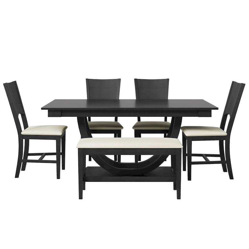 Ensemble de table à manger demi-ronde en bois de 6 pièces avec longue banquette et 4 chaises de salle à manger, style moderne, gris