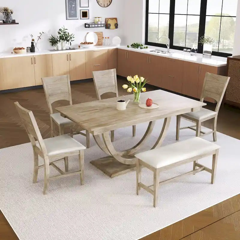 Ensemble de table à manger demi-ronde en bois de 6 pièces avec longue banquette et 4 chaises de salle à manger, style moderne, gris