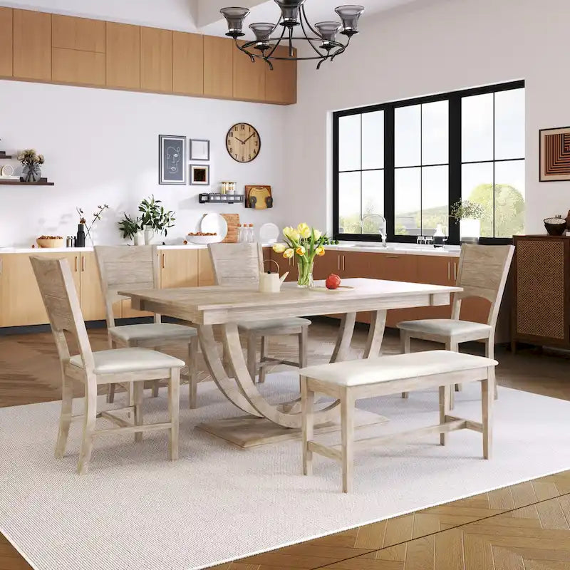 Ensemble de table à manger demi-ronde en bois de 6 pièces avec longue banquette et 4 chaises de salle à manger, style moderne, gris