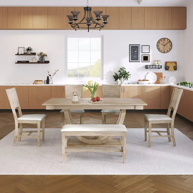 Ensemble de table à manger demi-ronde en bois de 6 pièces avec longue banquette et 4 chaises de salle à manger, style moderne, gris