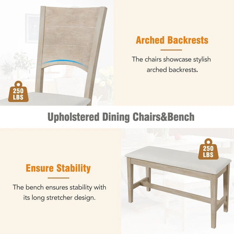 Ensemble de table à manger demi-ronde en bois de 6 pièces avec longue banquette et 4 chaises de salle à manger, style moderne, gris