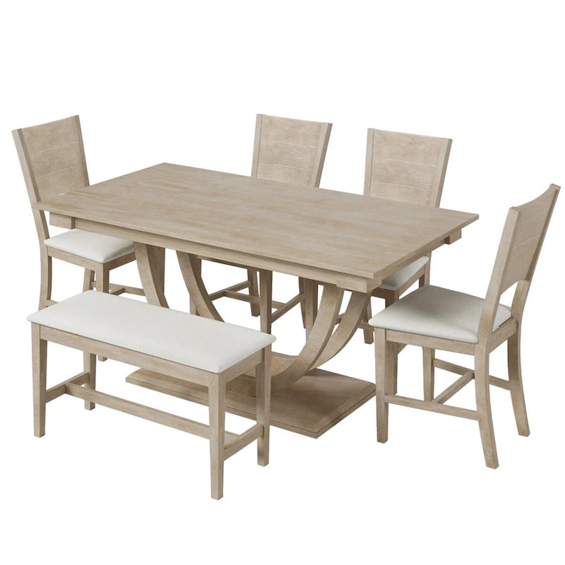Ensemble de table à manger demi-ronde en bois de 6 pièces avec longue banquette et 4 chaises de salle à manger, style moderne, gris