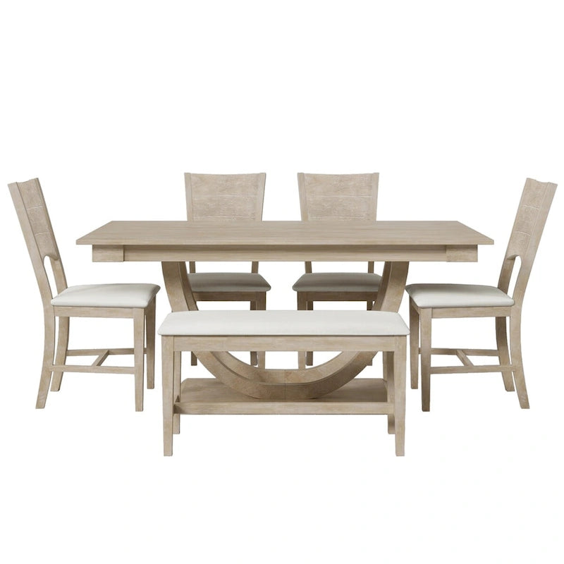Ensemble de table à manger demi-ronde en bois de 6 pièces avec longue banquette et 4 chaises de salle à manger, style moderne, gris