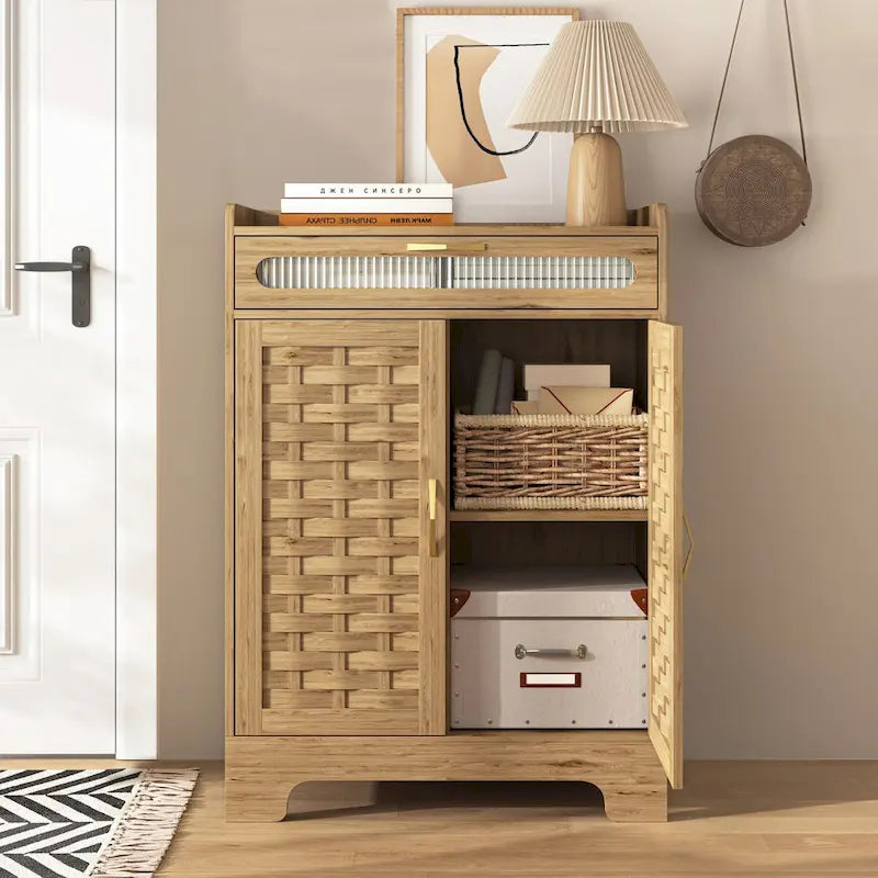 Meuble de rangement moderne avec tiroir et étagère réglable, armoire de rangement de style porte de grange pour cuisine, salle à manger, salle de bain, entrée