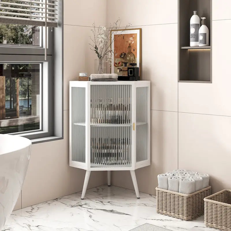 Meuble d'angle à poser, 3 niveaux avec portes en verre trempé et étagères de rangement